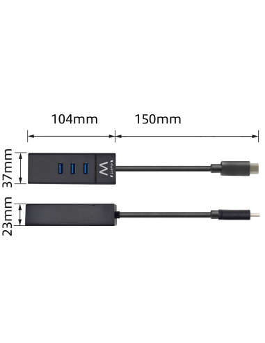 HUB USB Type C, 3xUSB A 3.2 + Porta Ethernet Gigabit