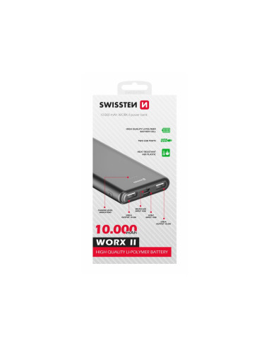 10.000mAh Power Bank Worx II 2x USB-A, Micro USB e USB-C