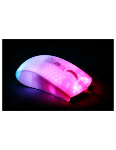 WM87 Mouse da gioco USB Ottico Bianco, Trasparente 6 Tasti 6200 dpi Illuminato, Rotella di scorrimento