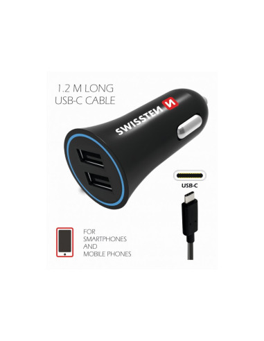 Car Charger, 2,4A con 2x USB + Cavo USB-C