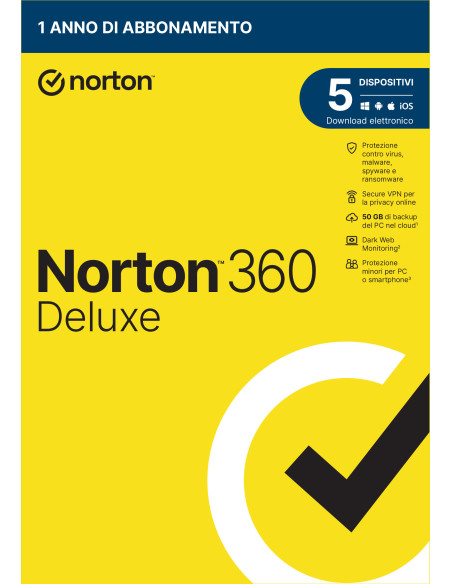 Norton 360 Deluxe Antivirus per 5 dispositivi 1 anno Secure VPN e Password Manager, PC, Mac, tablet e smartphone