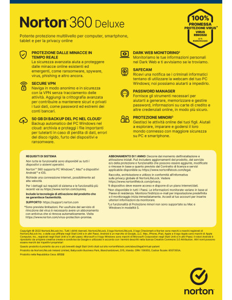 Norton 360 Deluxe Antivirus per 5 dispositivi 1 anno Secure VPN e Password Manager, PC, Mac, tablet e smartphone