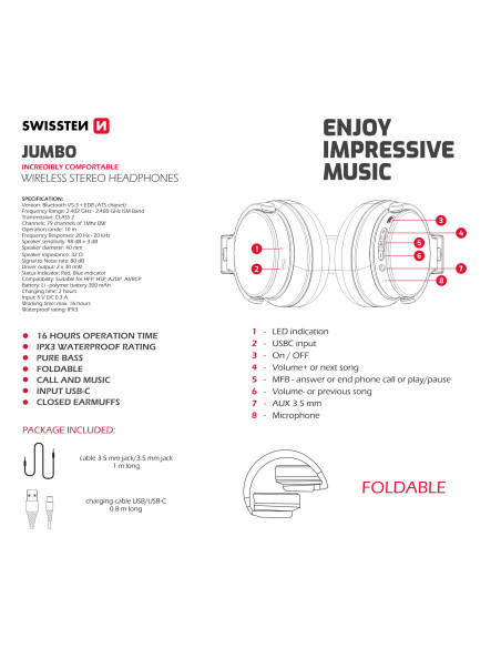 Wireless Stereo Headphones JUMBO Black