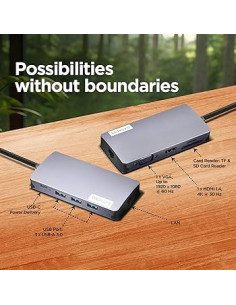 150 USB-C Travel Dock 1x HDMI 1x VGA 3x USB-A 1x TF card reader 1x SD card reader 1x RJ45 LAN 1x USB-C power pass through