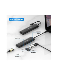 Hub USB C 7-IN-1 (USB-C 100W, HDMI 4K, 1x USB-A 3.0, 2x USB-A 2.0, SD, MICRO SD) ALUMINIUM