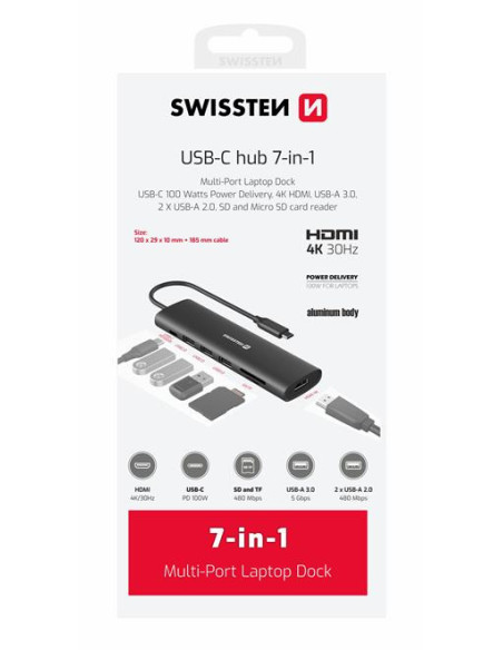Hub USB C 7-IN-1 (USB-C 100W, HDMI 4K, 1x USB-A 3.0, 2x USB-A 2.0, SD, MICRO SD) ALUMINIUM