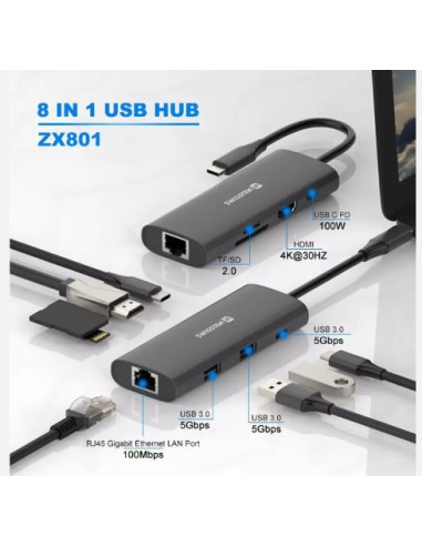 Hub USB C HUB 8-IN-1 (USB-C 100W, HDMI 4K, LAN RJ45, 2x USB-A, 1x USB-C 5GBps, SD, MICRO SD) ALUMINIUM
