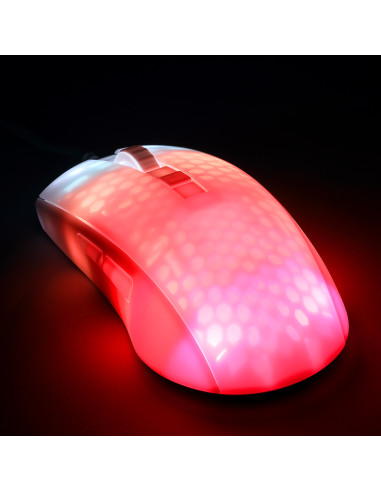 WM87 Mouse da gioco USB Ottico Bianco, Trasparente 6 Tasti 6200 dpi Illuminato, Rotella di scorrimento