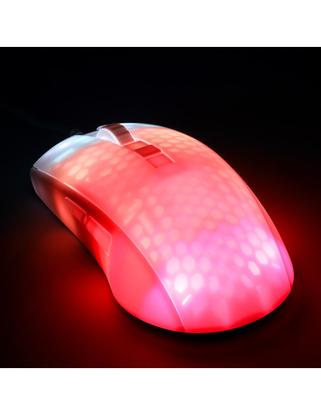 WM87 Mouse da gioco USB Ottico Bianco, Trasparente 6 Tasti 6200 dpi Illuminato, Rotella di scorrimento