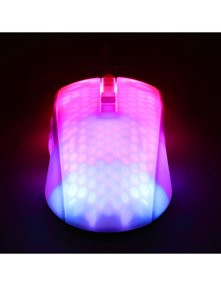 WM87 Mouse da gioco USB Ottico Bianco, Trasparente 6 Tasti 6200 dpi Illuminato, Rotella di scorrimento