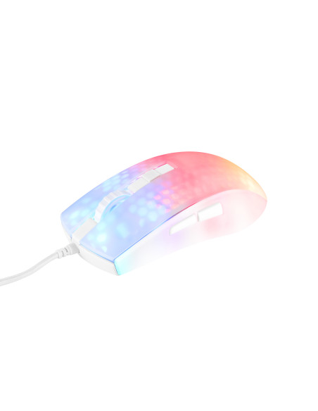 WM87 Mouse da gioco USB Ottico Bianco, Trasparente 6 Tasti 6200 dpi Illuminato, Rotella di scorrimento