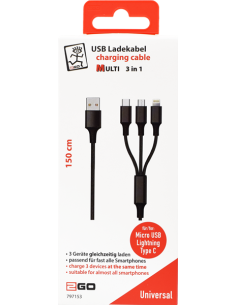 1,50 mt Cavo Multi 3in1 USB/microUSB+Lightning+Type-C Tessuto Nero 2