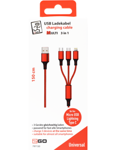 1,50 mt Cavo Multi 3in1 USB/microUSB+Lightning+Type-C Tessuto Rosso 2