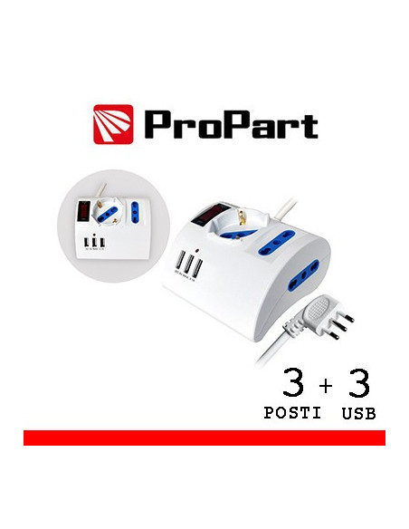 Multipresa 3pos tavolo bipasso/schuko + 3 USB 3.1A, spina 16A + interruttore